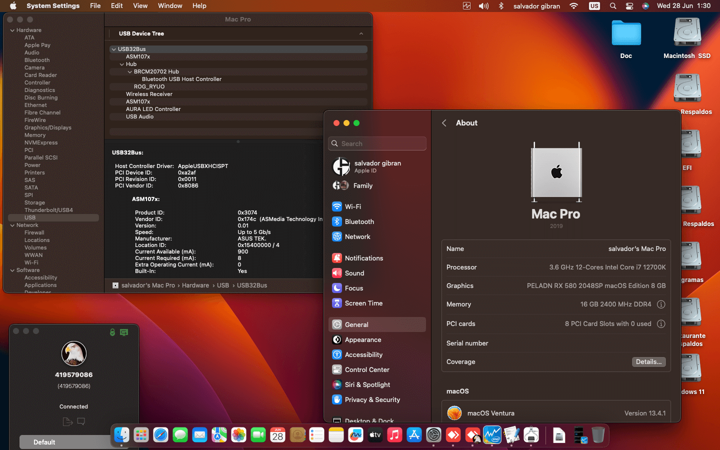 Success Hackintosh macOS Ventura 13.4.1 Build 22F82 in Asus ROG Strix Z690-A Gaming Wifi D4 + Intel Core i7 12700K + Peladn RX 580 2048SP